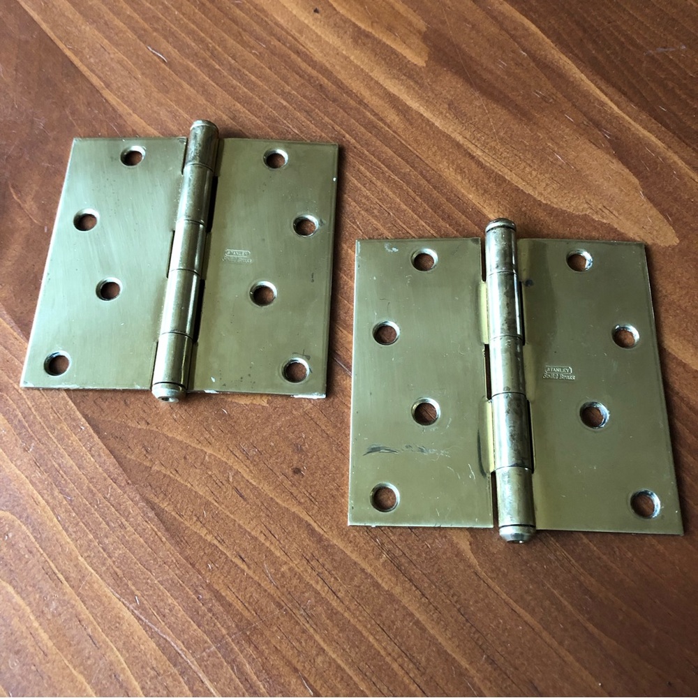 Set of Vintage Stanley Used Solid Polished Brass Door Hinges - 4"